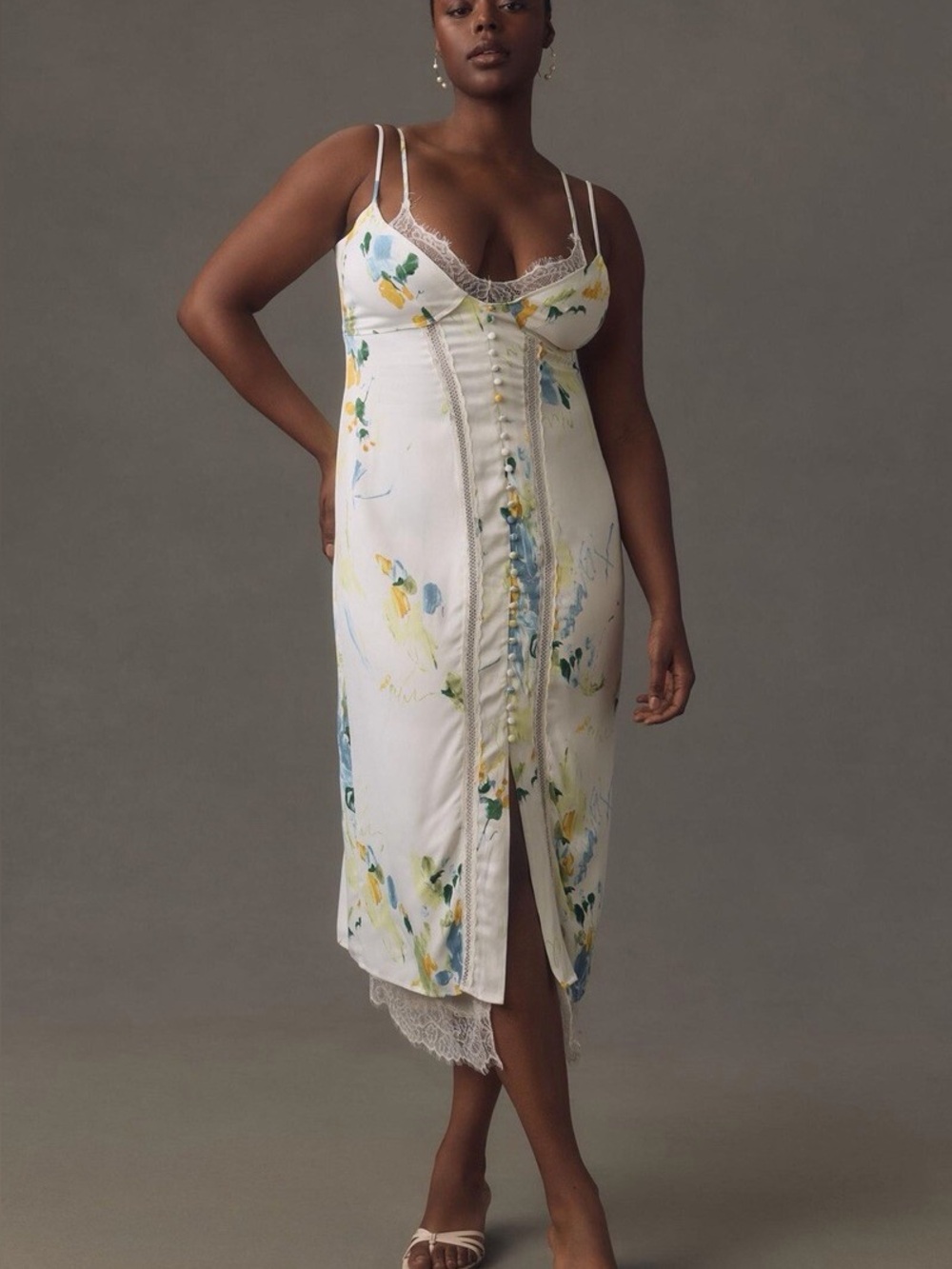 Anthropologie White Slip Dress with Blue & Yellow Floral Print - Picture 1 of 2